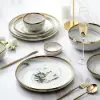 Modern Dinnerware 18-Piece White&Grey Ceramic Dinnerware Gold Rim