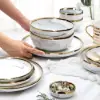 Modern Dinnerware 18-Piece White&Grey Ceramic Dinnerware Gold Rim