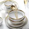 Modern Dinnerware 18-Piece White&Grey Ceramic Dinnerware Gold Rim