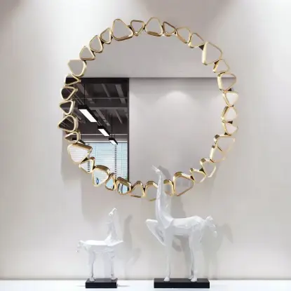 600mm Modern Large Gold Round Pebble Wall Mirror Decor with Geometric Frame Living Room