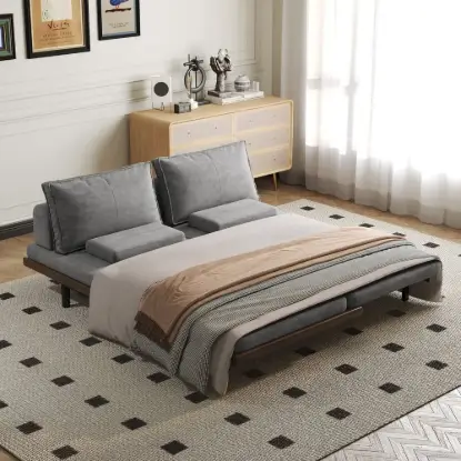 Picture of 200 cm 3-Seater Cotton & Linen Convertible Sofa Bed with Pillows