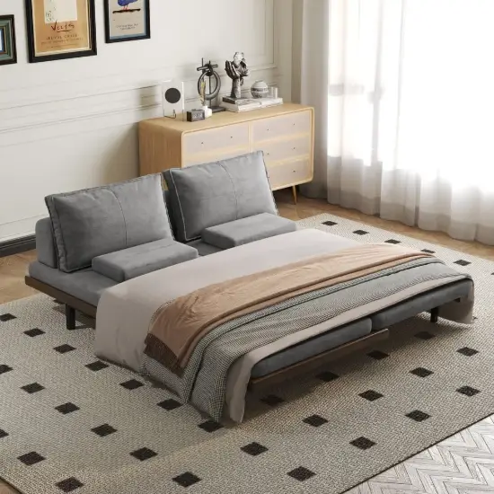 200 cm 3-Seater Cotton & Linen Convertible Sofa Bed with Pillows