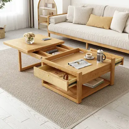 Picture of Modern 52" Japandi Wood & Rattan Folding Nesting Coffee Table