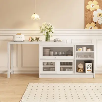 Farmhouse 119 cm White Wood Sideboard with Extendable Top & Cabinets
