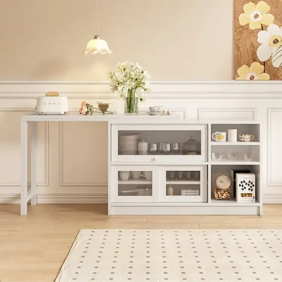 Farmhouse 119 cm White Wood Sideboard with Extendable Top & Cabinets