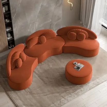 370 cm 4-Piece Curved Velvet Sectional Sofa with Ottoman & Pillows – Modular Orange Upholstered