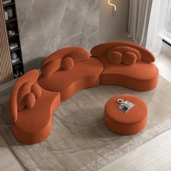 370 cm 4-Piece Curved Velvet Sectional Sofa with Ottoman & Pillows – Modular Orange Upholstered