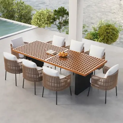 Grida 9-Piece Outdoor Teak & Resin Rattan Rectangular Dining Set with 8 Chairs