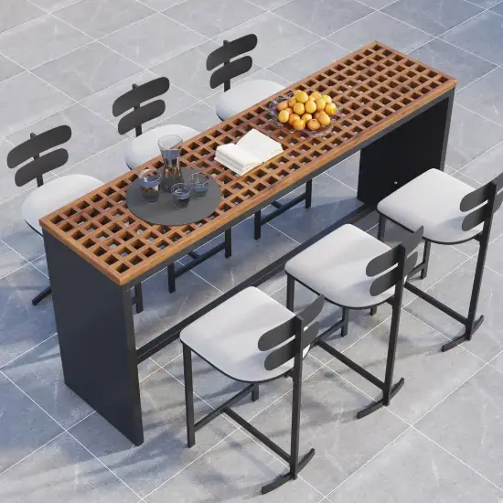 Grida 7-Piece Outdoor Teak & Aluminium Bar Dining Set with 6 Bar Stools