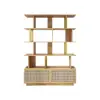 5-Tier Natural Wood Bookshelf with 2 Doors Modern Bookcase in Gold Finish