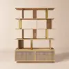 5-Tier Natural Wood Bookshelf with 2 Doors Modern Bookcase in Gold Finish