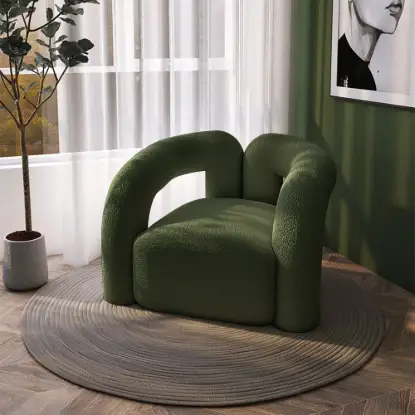 Picture of Japandi Dark Green Boucle Accent Chair Shaggy Armchair for Living Room