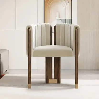 Picture of Velvet Upholstered Channel Tufted Barrel Accent Chair with Wooden Legs – Beige