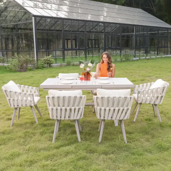 7-Piece Outdoor Extendable Dining Set with 6 Rope Weave Chairs in White(160 - 210 cm)