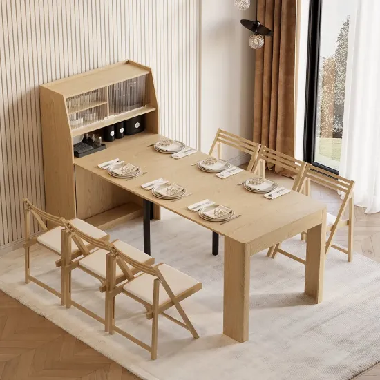 Farmhouse 180 cm Extendable Rectangular Natural Dining Table with Sideboard, Seats 4-5