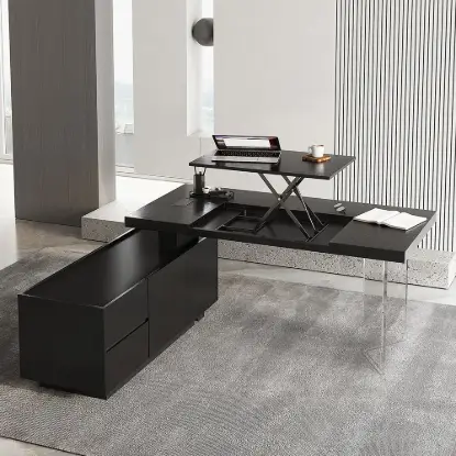 1815mm Modern Black L-Shape Standing Executive Desk with Side Cabinet