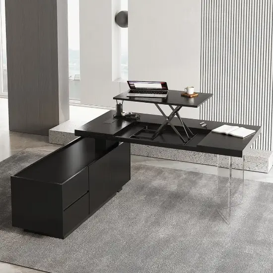 1815mm Modern Black L-Shape Standing Executive Desk with Side Cabinet