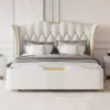 Luxury Queen White Leather Bed with Tufted Wingback Headboard