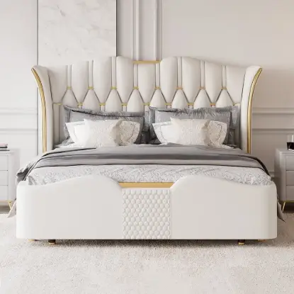Picture of Luxury Queen White Leather Bed with Tufted Wingback Headboard