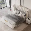 Luxury Queen White Leather Bed with Tufted Wingback Headboard