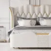 Luxury Queen White Leather Bed with Tufted Wingback Headboard