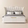 Luxury Queen White Leather Bed with Tufted Wingback Headboard