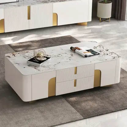 Picture of Artis Modern Beige Rectangle Large Coffee Table Drawers Sintered Stone Gold Base