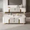Artis Modern Beige Rectangle Large Coffee Table Drawers Sintered Stone Gold Base
