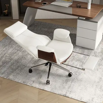 Ergonomic White Faux Leather High Back Reclining Swivel Office Desk Chair with Footrest