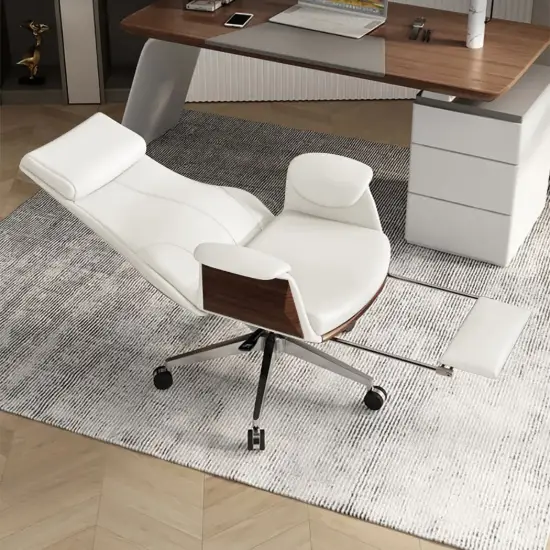 Picture of Ergonomic White Faux Leather High Back Reclining Swivel Office Desk Chair with Footrest