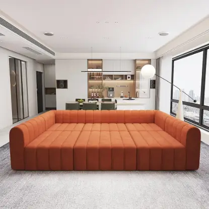 3023 mm 6-Piece Velvet Channel Tufted Upholstered Modular Sectional Sofa – Convertible Orange
