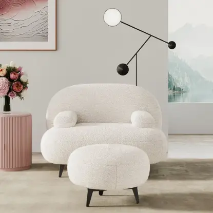 Picture of Modern White Cream Boucle Accent Chair with Pouf Ottoman Set Lounge Chair with Footstool