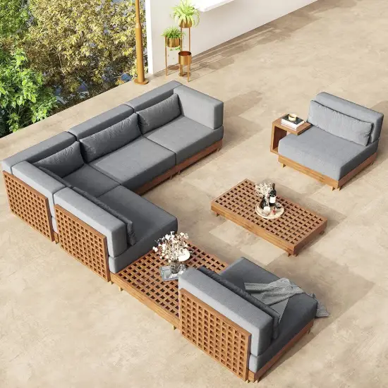 Grida 9-Piece Outdoor Teak Modular Sectional Sofa Set with Coffee Table in Grey
