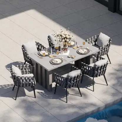 7-Piece Outdoor Extendable Dining Set with Aluminium Table and 6 Woven Chairs in Grey