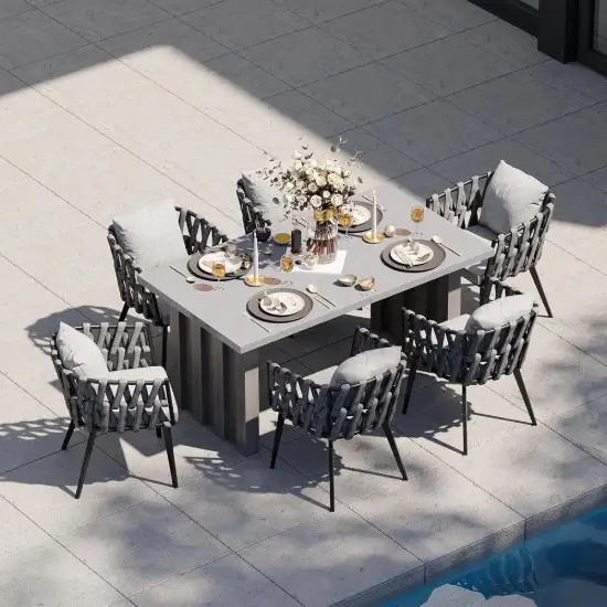 7-Piece Outdoor Extendable Dining Set with Aluminium Table and 6 Woven Chairs in Grey