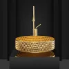 390mm Modern Luxury Diamond Shaped Crystal Glass Bathroom Countertop Basin in Gold