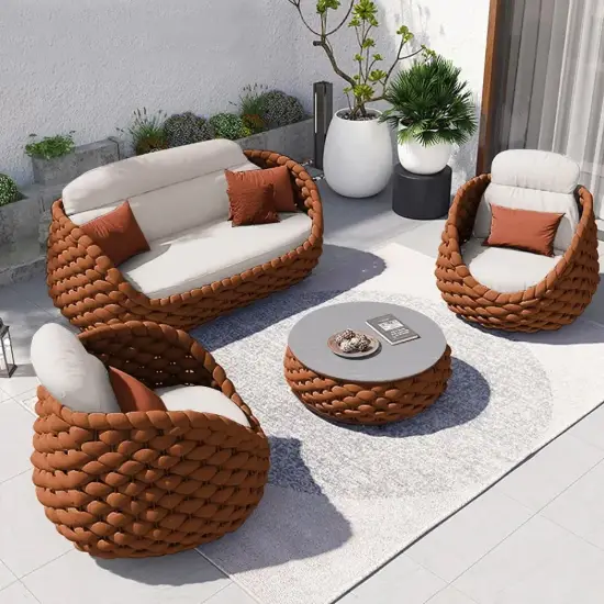 Picture of Cocaro 4-Piece Outdoor Rope Weave Swivel Sofa Set with Coffee Table in Orange