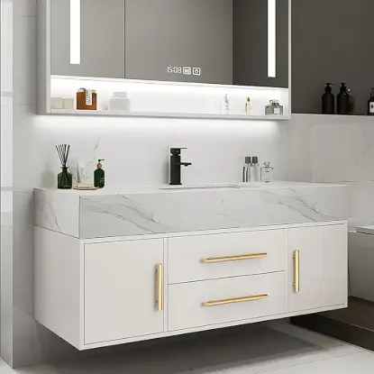 Modern 39" White Floating Single Bathroom Vanity with Sintered Stone Top and Sink – Wall Mounted Cabinet