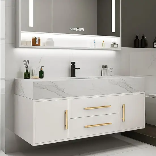 Modern 39" White Floating Single Bathroom Vanity with Sintered Stone Top and Sink – Wall Mounted Cabinet