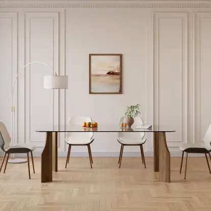 Picture of 180 cm Rectangle Glass Dining Table for 8 Person Walnut Solid Wood 4-Legs