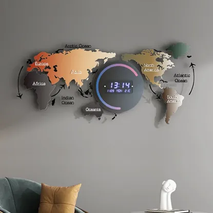 Modern 29.1" Acrylic World Map Wall Clock with Plug-In LED Display – 740.00mm