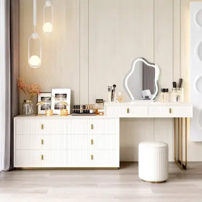 Modern Ivory Extendable Makeup Vanity Set with 8 Drawers and Stool