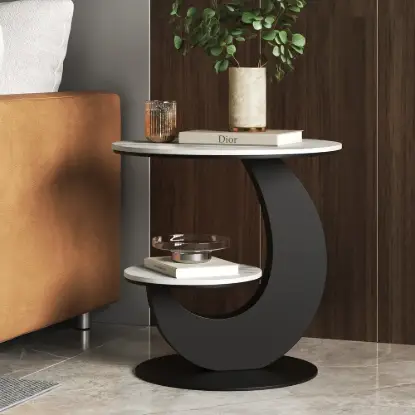Picture of Modern 51 cm Grey Round Sintered Stone End Table with 2 Tiers