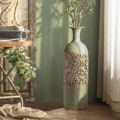 670mm French Country Large Metal Floor Vase Tall Home Geometric Decor Art Green & White