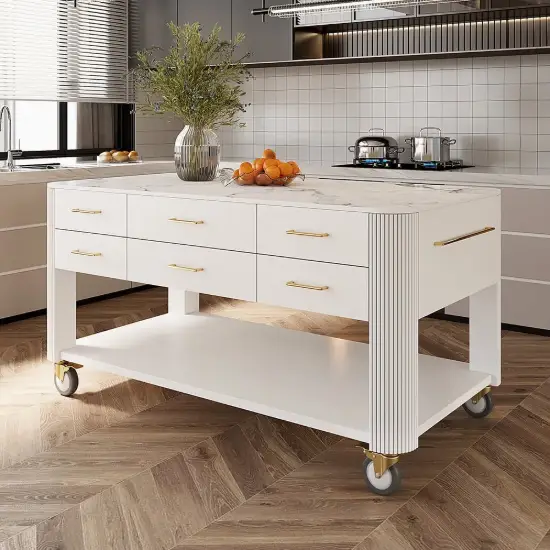 Modern 153 cm Wood Kitchen Island with Wheels & Cabinets