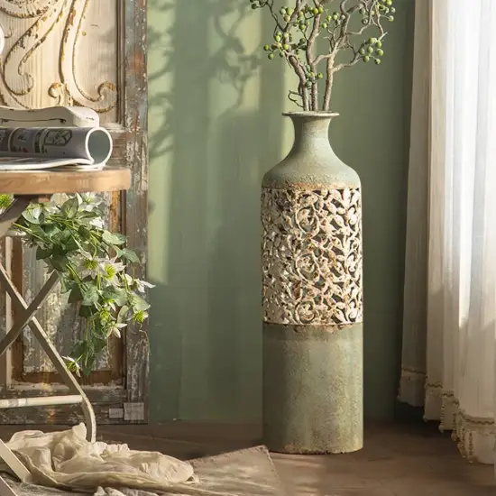 Picture of 515mm French Country Large Metal Floor Vase Tall Home Geometric Decor Art Green & White