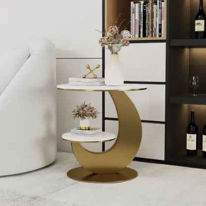 Picture of Modern 51 cm White Round Sintered Stone End Table with 2 Tiers