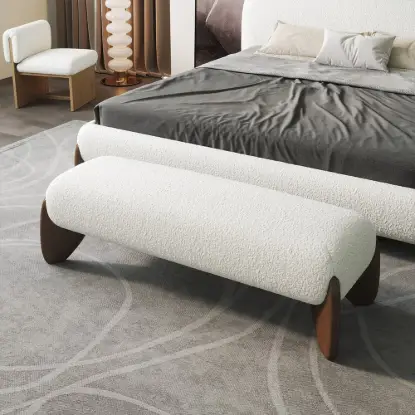 Curva Boucle Upholstered Bedroom Bench – 145cm – White Long Wood