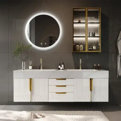 Picture of Aro 150 cm Floating Double Bathroom Vanity with Sink, Sintered Stone Top – White – Wallmounted Ceramic Vessel