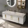 Aro 150 cm Floating Double Bathroom Vanity with Sink, Sintered Stone Top – White – Wallmounted Ceramic Vessel